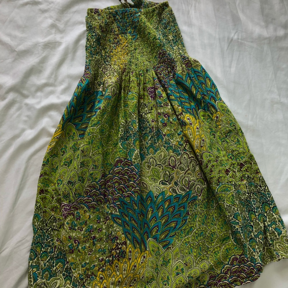 Green floral strapless sun dress